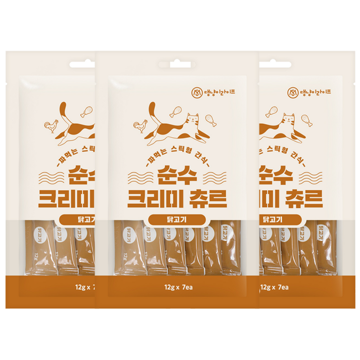 순수 크리미 짜먹는 고양이 간식 닭고기, 닭고기가다랑어, 닭고기참치, 닭고기, 12g, 21개