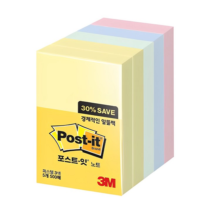 포스트잇 노트 알뜰팩 6565A, 노랑 애플민트 크림블루 러블리핑크, 500매, 1개