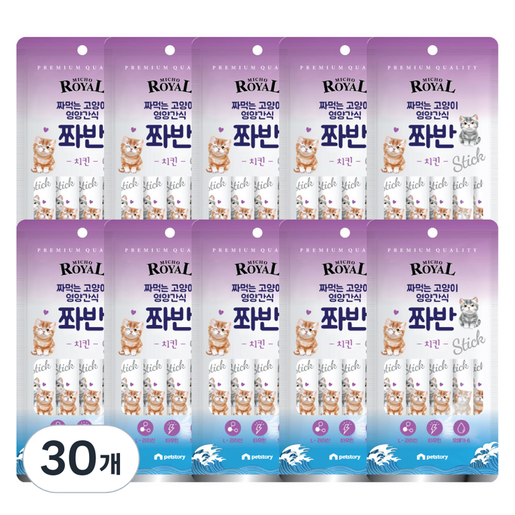 펫스토리 고양이 프리미엄로얄 미쵸 쫘반 가수분해단백질 닭고기 짜먹이는간식 5p, 75g, 30개, 치킨