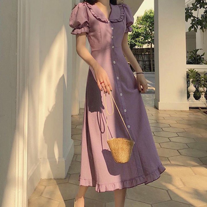 보라색원피스 여성용 패션나비 귀여운 퍼프소매와 프릴 포인트 셔츠 롱 원피스