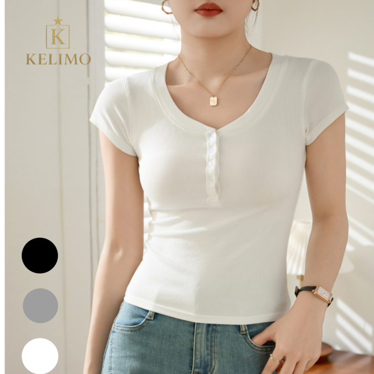 켈리모 세상편한 여성골지 슬림핏 라운드넥 반팔 U넥