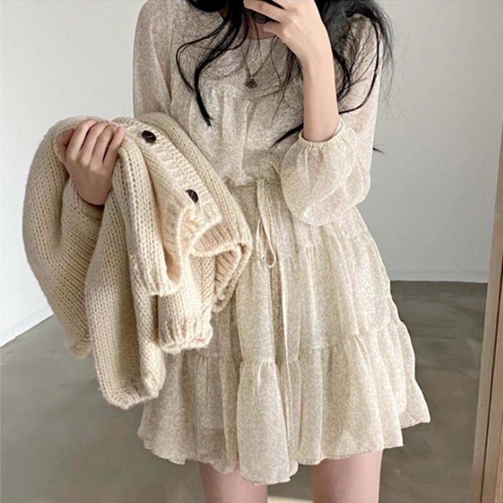 라라홀리 러블리 레오 패턴 허리끈 셔링 쉬폰 플레어  긴팔 원피스