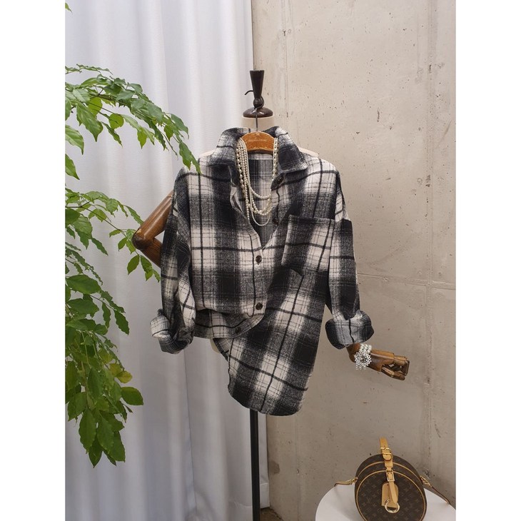 무배 포머드 체크 포켓 루즈핏 긴팔 셔츠 남방