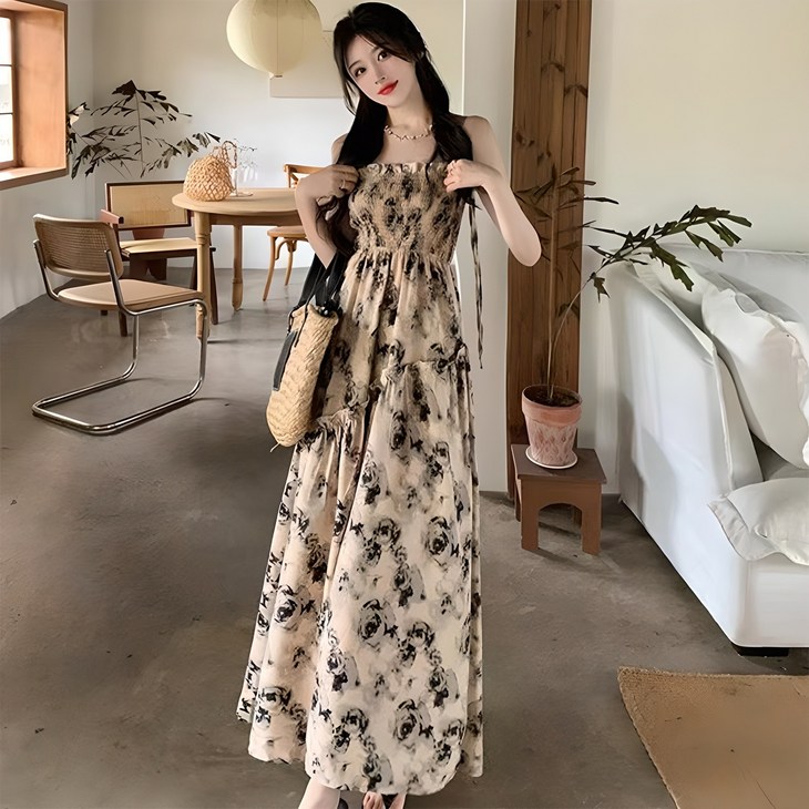 피어니스트 플로럴 끈나시 롱 원피스