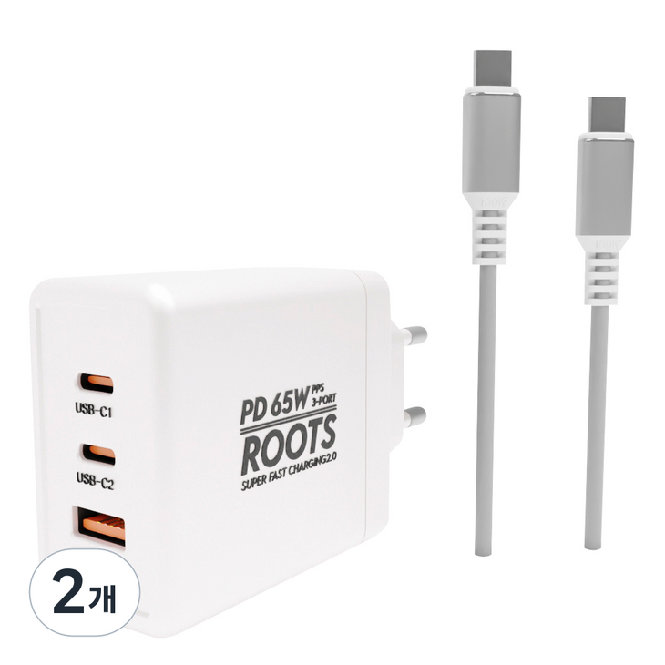 루츠 국내생산 초고속 멀티 충전기 C타입 3포트 PD 65W PPS  C to C 100W 5A E Marker 1.5M 케이블포함, 화이트, 2개