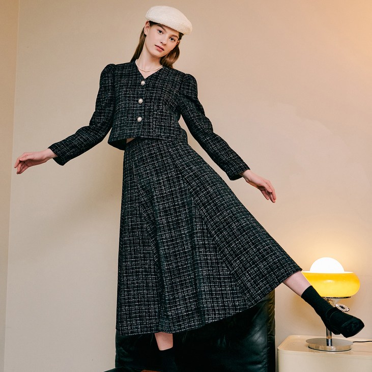 제로스트릿 브이넥 트위드 자켓  스커트 세트