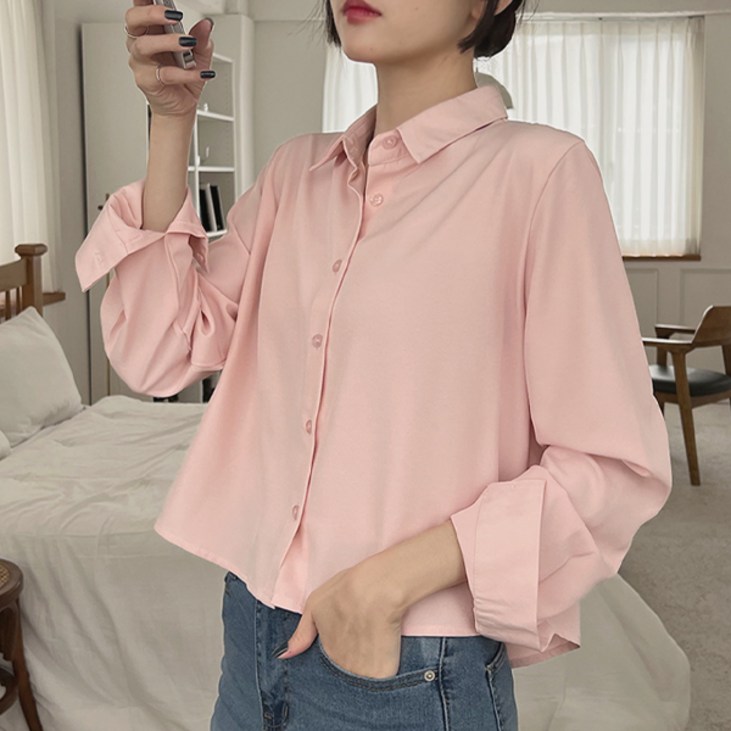 오버나인 여자 여성 데일리 링클프리 무지 크롭 긴팔 셔츠 블라우스