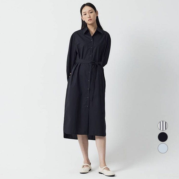 JAJU자주 여성용 포플린 긴팔 셔츠 면 롱 원피스