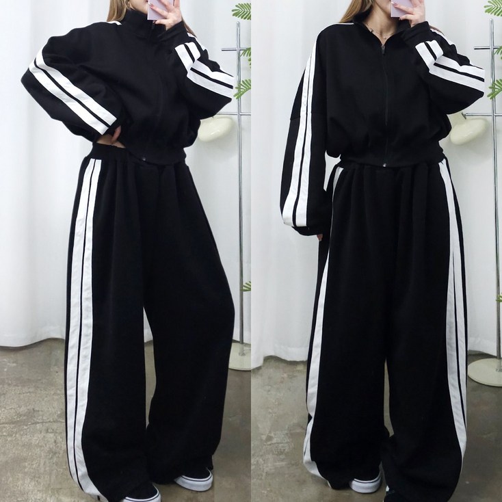 제니블리 기모 트랙 크롭 와이드 셋업 5XL 2COLOR 5588까지 겨울 빅사이즈 오버사이즈 루즈핏 남여공용 홈웨어 세트