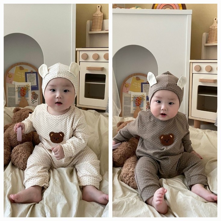 북유럽풍 아기옷 베이비옷 아기우주복 신생아옷 3개월 6개월 백일 곰돌이 바디슈트보넷 세트 긴팔슈트 조동친구 촬영룩 커플룩 쌍둥이룩 남매룩 형제룩 자매룩 코디