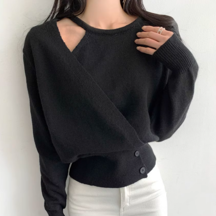 루나모드 어깨 트임 랩 긴팔 니트 티셔츠 K0143