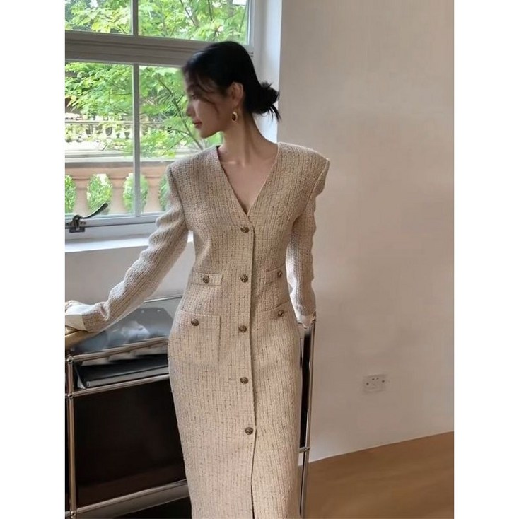 Neirny 여성 트위드 롱 원피스 기질 고급 슬림핏 스커트 가을 겨울 롱스커트 여자 하객룩 빅사이즈 긴팔 원피스