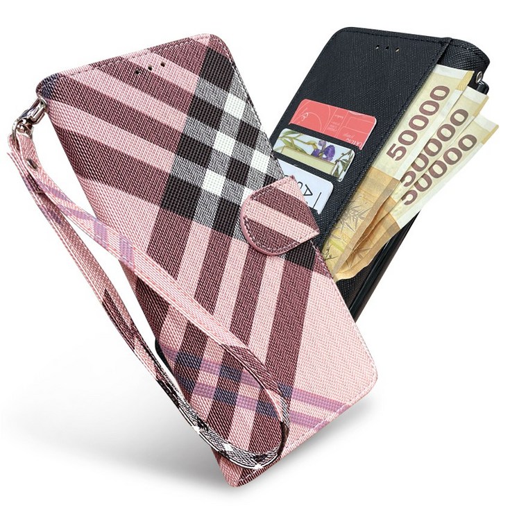 버킨체크 핑크 손목줄 스트랩 지갑형 수첩형 다이어리 휴대폰케이스