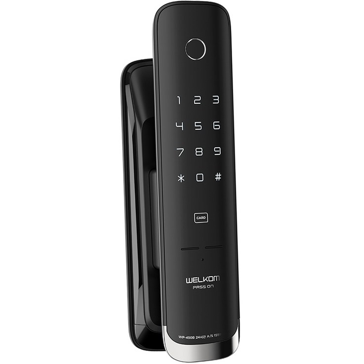 솔리티 웰콤 패스온 무타공 푸시풀 디지털손잡이 있음 도어락 지문인식 WP450B  카드키 2p, WP450B, 고객직접설치