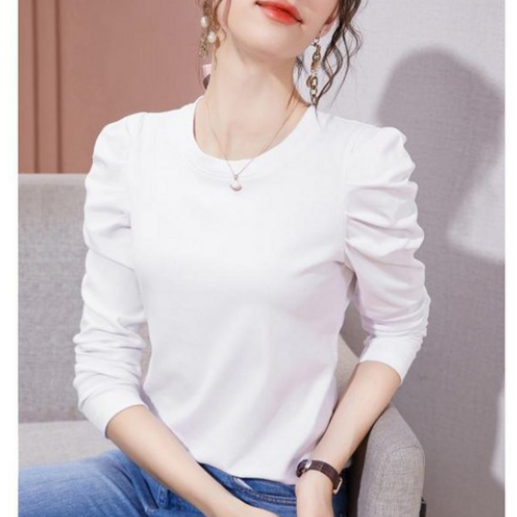 긴팔 여성 벌룬 셔링 티셔츠 티 블라우스 라운드 프릴 퍼프 예쁜 고급 실크 새틴 30대