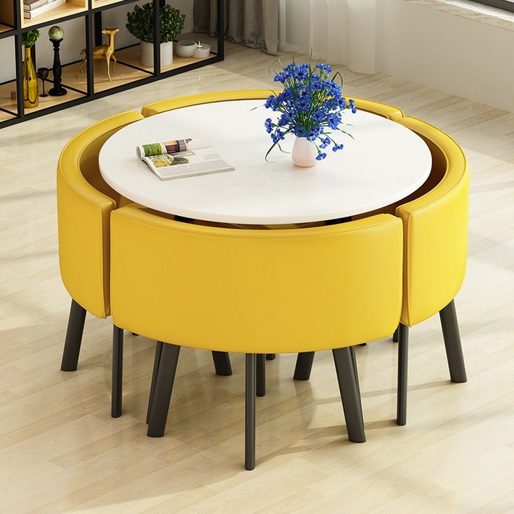 4인용 원형 올인원 테이블 의자 세트 카페 공간활용, 형광 옐로