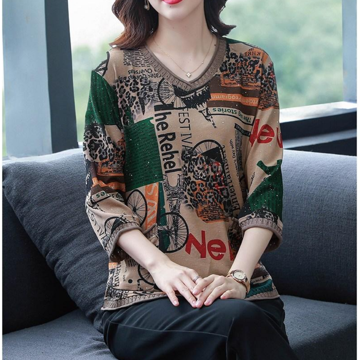 [바니드] 중년여성 엄마옷 7부소매 레터링 도트무늬 라운드넥 티셔츠 0625 - 투데이밈