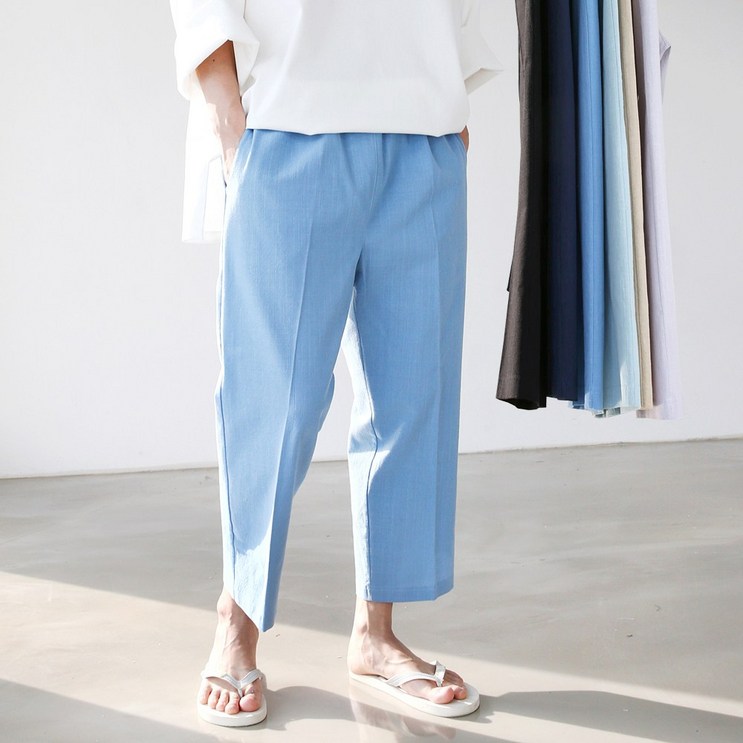 허벅스 남성용 9부 파스텔 린넨 밴딩 슬랙스