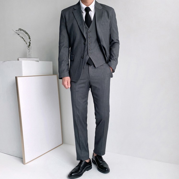 머시따 남성용 글로벌 스트라이프 자켓  조끼  팬츠 정장 세트