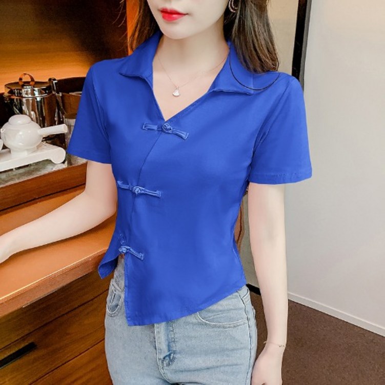 Ogfaour 여름 여성 복고 언발란스 슬림 반팔 티셔츠