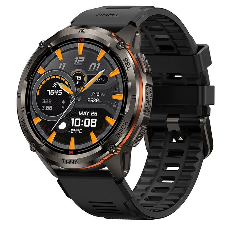 KOSPET TANK T3 Ultra 2 GPS 스마트 워치 남성용 나침반 고도계 기압계 60일 배터리 5ATM IP69K 방수 AMOLED BT 통화, Black, 3.632cm, GPS  블루투스