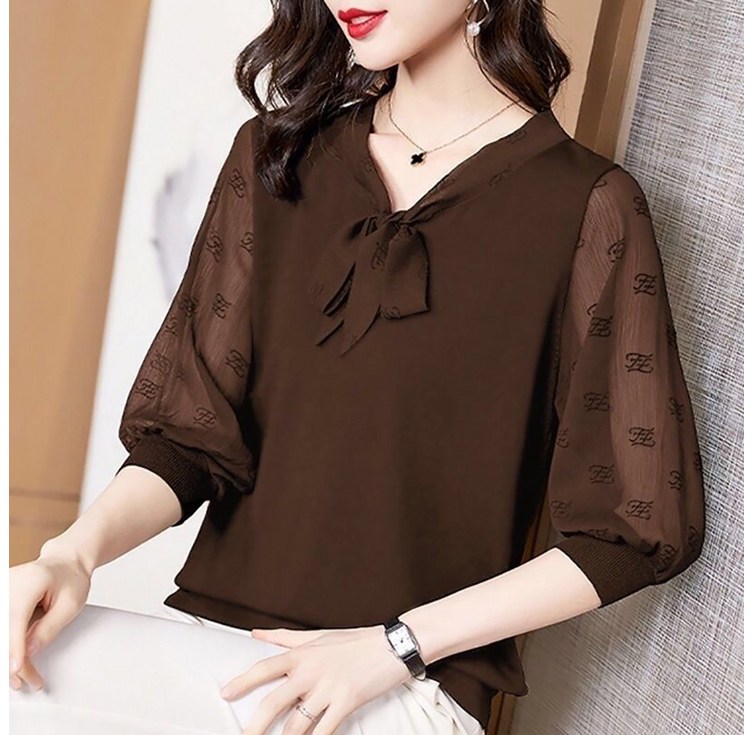 ROYALBELLE 여성 브이넥 중간 소매 블라우스 패션 오버핏 데일리 베이직 쉬폰 티셔츠 빅사이즈 D0021220