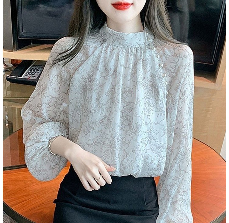 ROYALBELLE 여성 우아한 플라워 프린트 긴팔 블라우스 캐주얼 루즈핏 패션 청순 쉬폰 셔츠 V021123