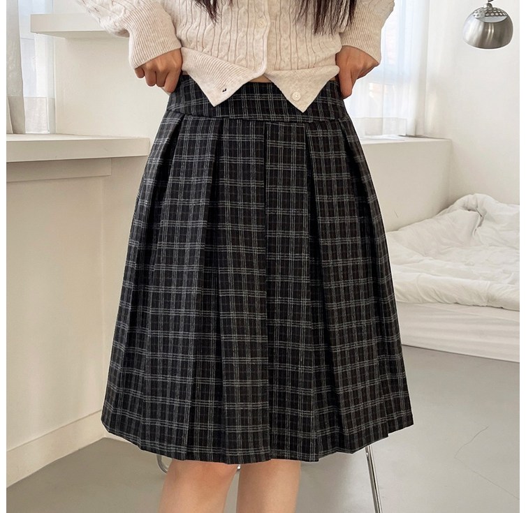 디아미뇽 코코루 체크 플리츠 모직 뒷밴딩 미디 스커트