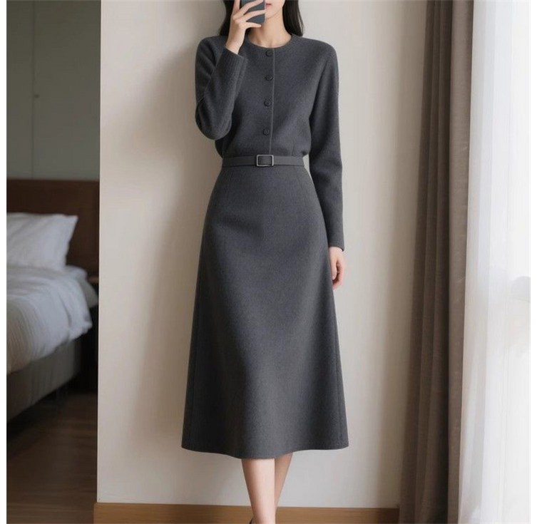 AOKADA 여성 가을 겨울 슬림핏 결혼식 하객룩 오피스룩 정장 플레어 롱 원피스