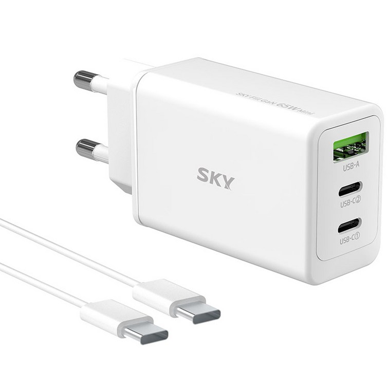 SKY 필 2세대 GaN 65W 미니 3포트 PD3.0 PPS QC4.0 플러스 초고속 C타입 멀티 충전기 C to C 케이블 60W 1.5m 세트, 화이트, 1세트